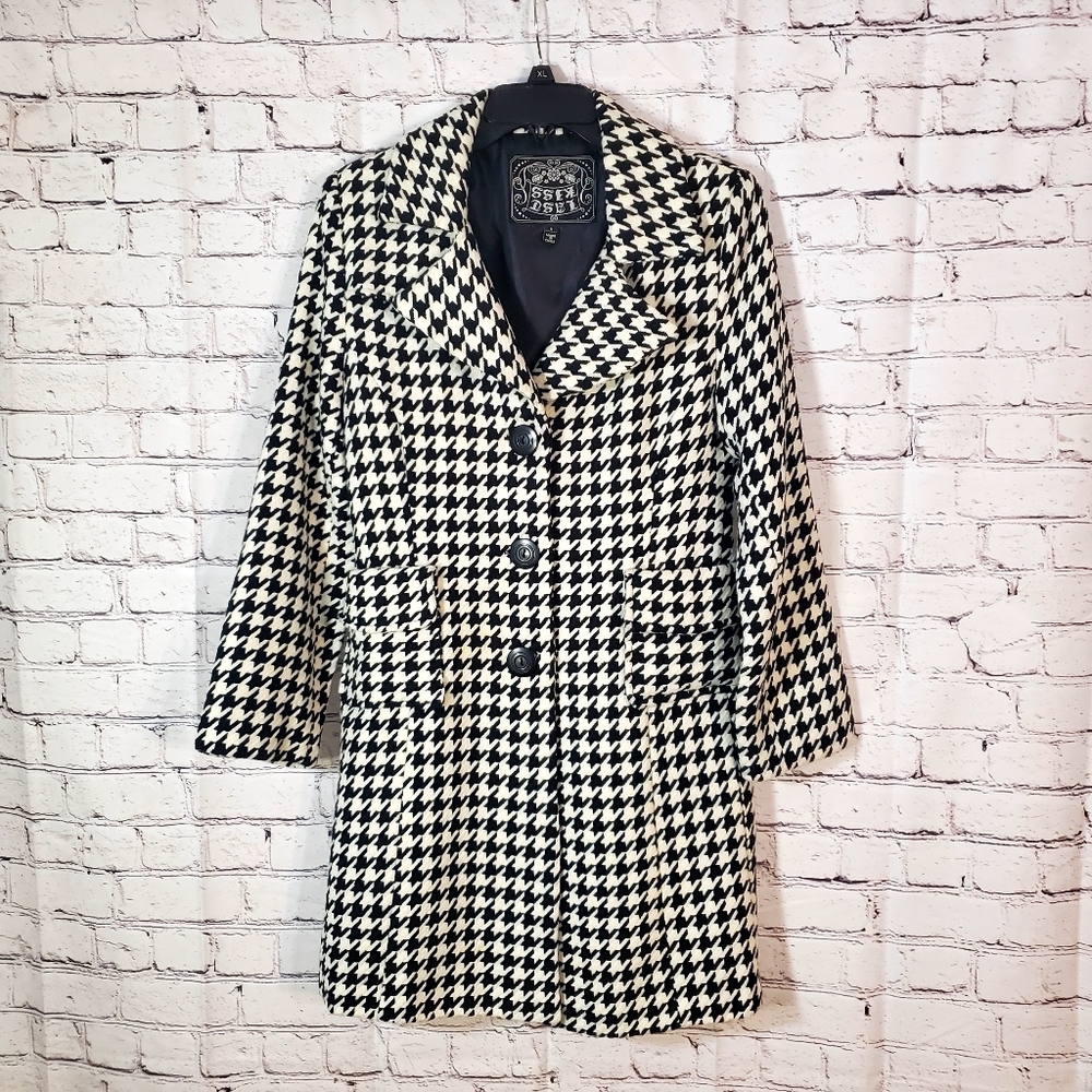 Last Kiss Black White Houndstooth Button Up Pea Coat Size S